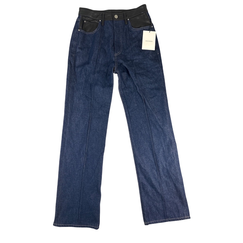 GOLDSIGN Leather Trim High Rise Straight Leg Jeans Indigo Blue Womens Size27 NEW